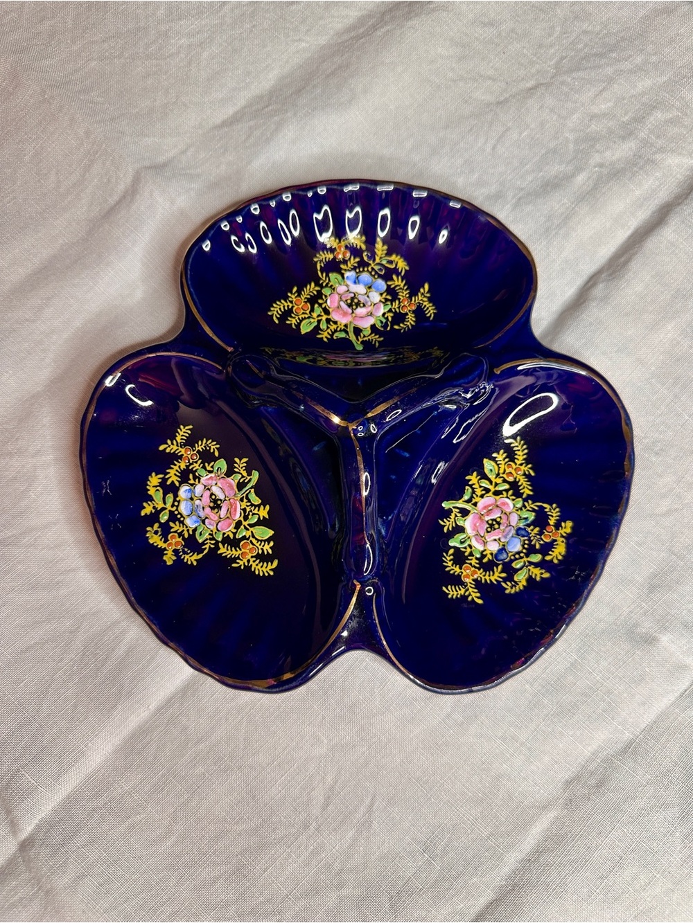 Vintage Japan Cobalt Blue 3-Section Tidbit Tray Floral Gold Trim